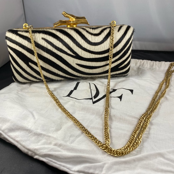 Diane Von Furstenberg Handbags - DVF Zebra Print Calfhair Hardsided Clutch w/chain